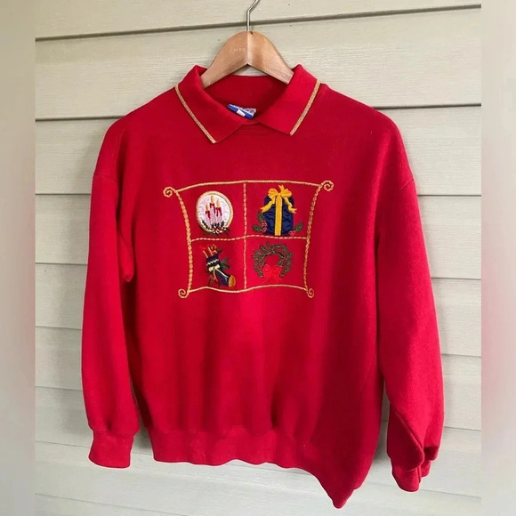 sports accents Tops - Ugly Christmas sweatshirt 80s Granny-core polo collar size M red sweater